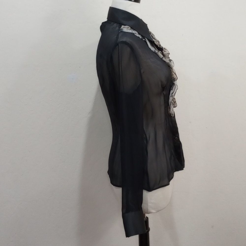 Just Cavalli Sheer Black Silk Blouse with Leopard Ruffle & Satin Trim - 44 / L - Picture 6 of 11